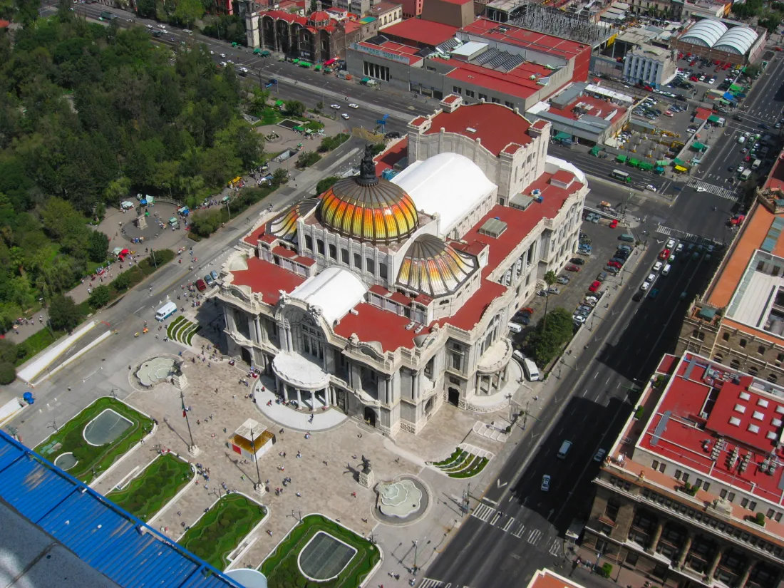 The Palacio de Bellas Artes and surrounding streets in Mexico City seen from above